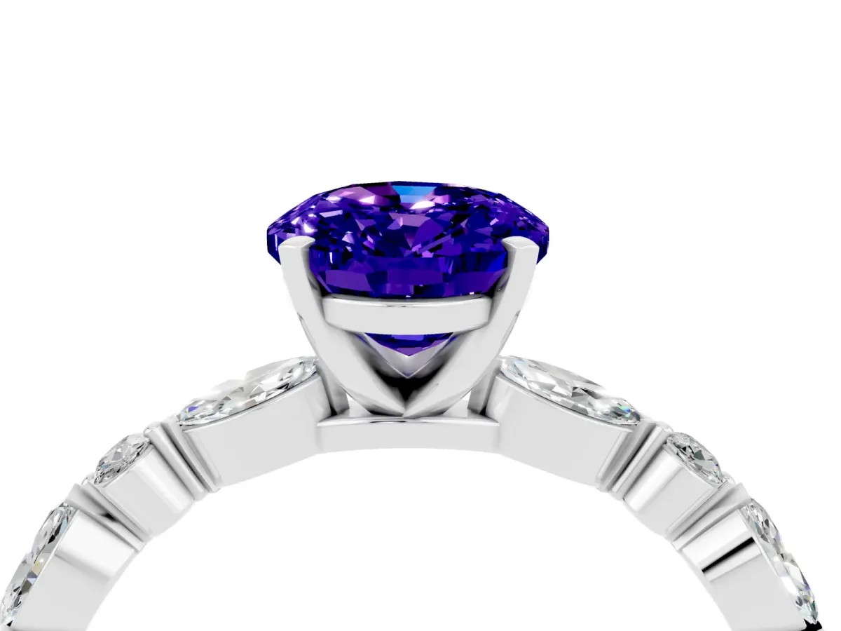 Oval Cut Tanzanite Ring with Marquise and Round Side Stones and Four-Prong Setting Silver
