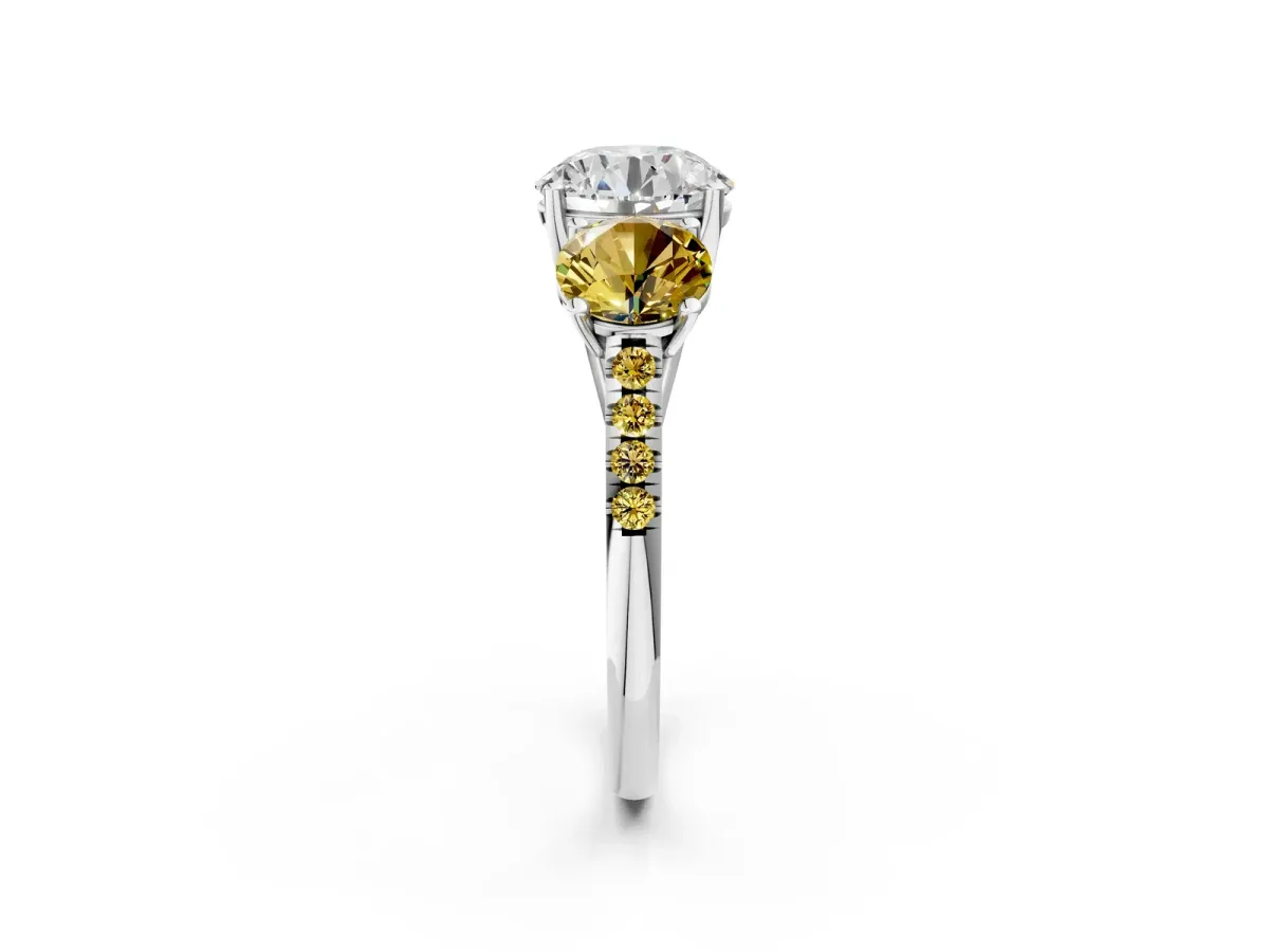 Three-Stone Round Cut Diamond Ring with Round Yellow Sapphire Pavé Band and Prong Setting Silver