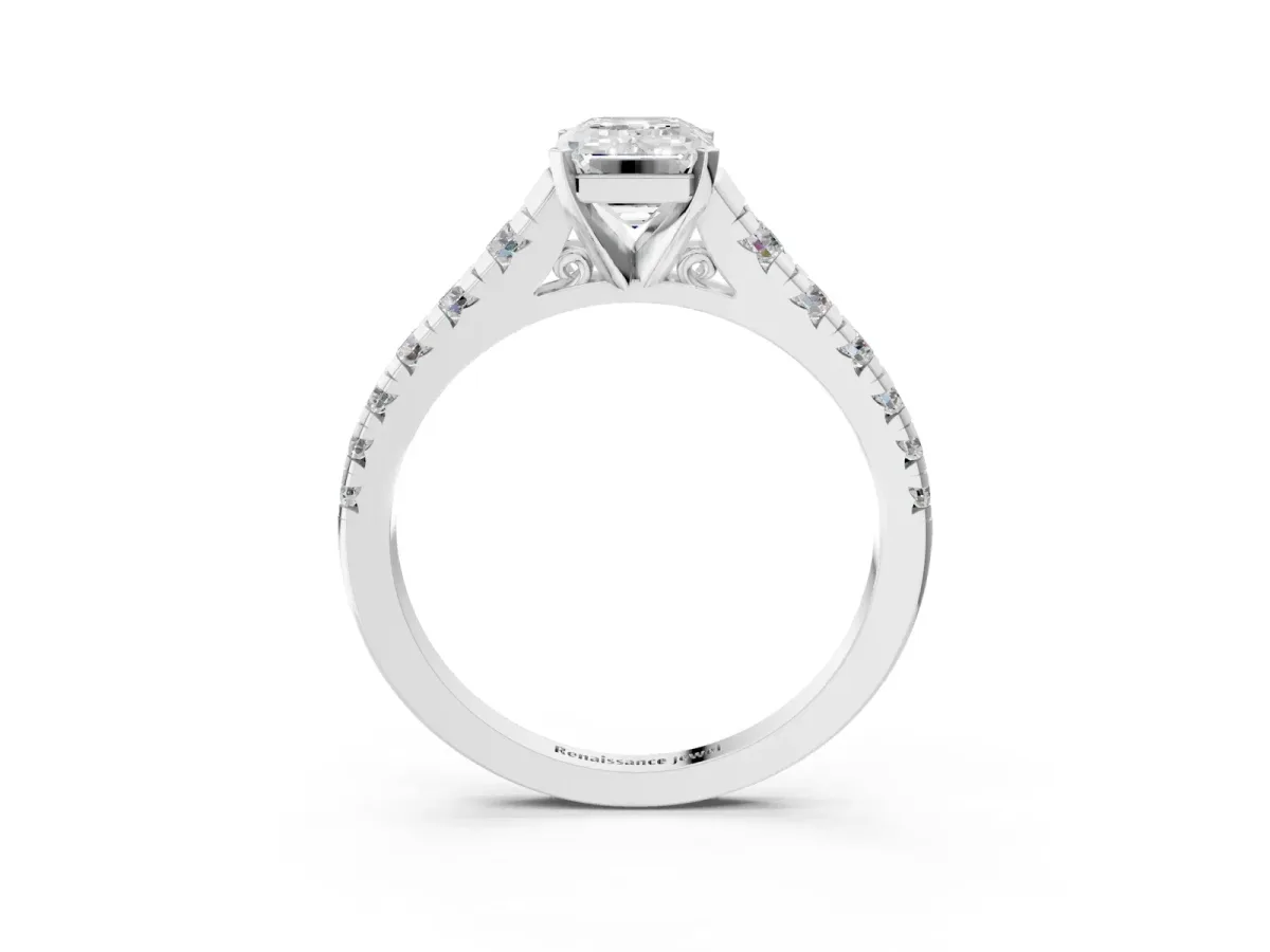Emerald Cut Diamond Cathedral Solitaire Ring with Round Pavé Band White gold