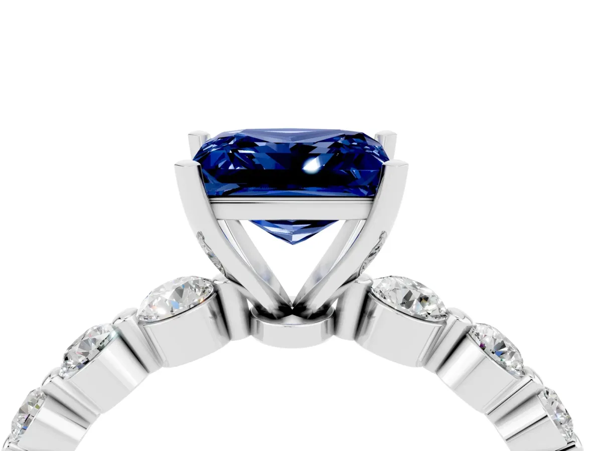 Princess Cut Solitaire Blue Sapphire Ring with Pave Band and Four-Prong Setting Silver