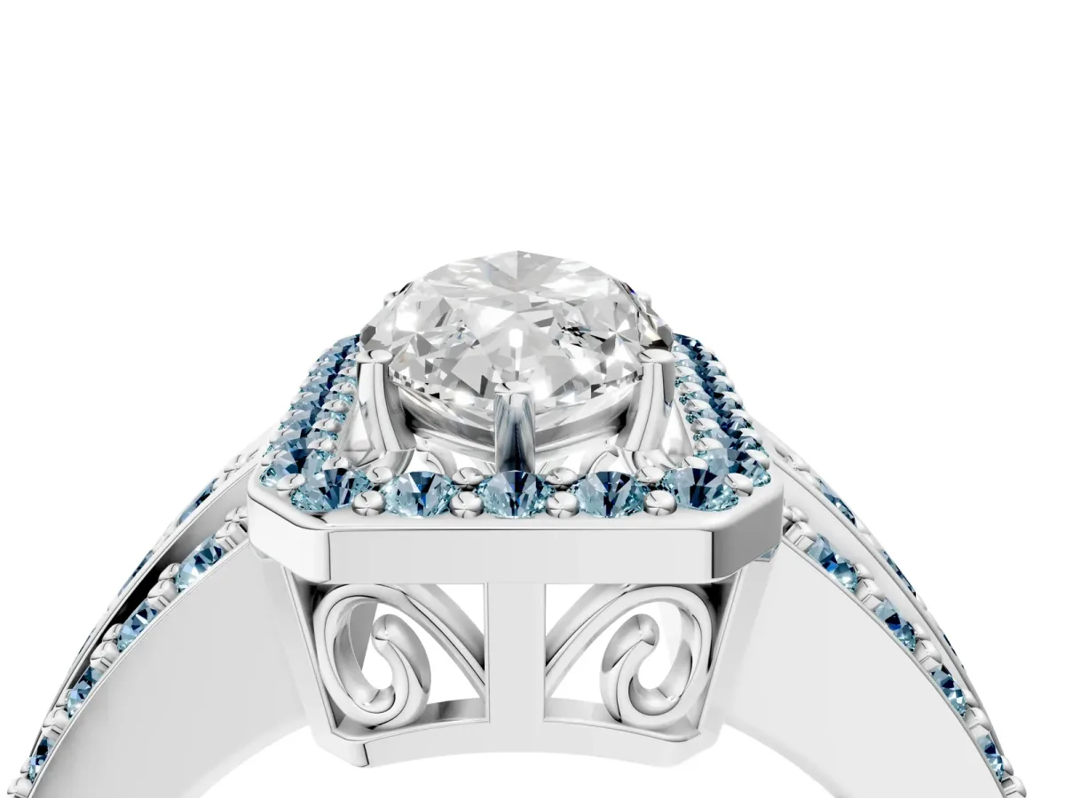 Marquise Cut Halo Diamond Ring with Round Aquamarine Split Shank and Prong Setting Silver