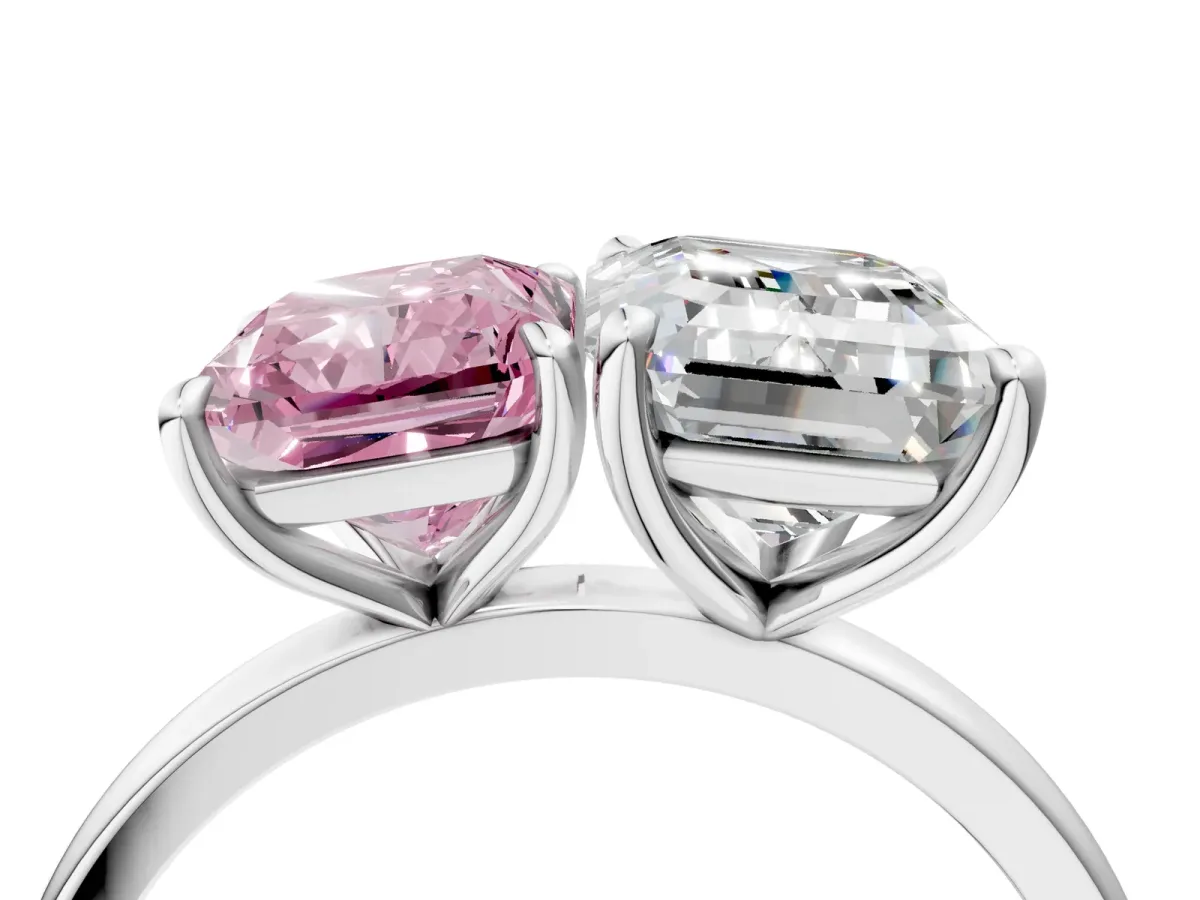 Fancy Pink Radiant Cut and Emerald Cut Toi Moi Ring with Prong Setting White gold