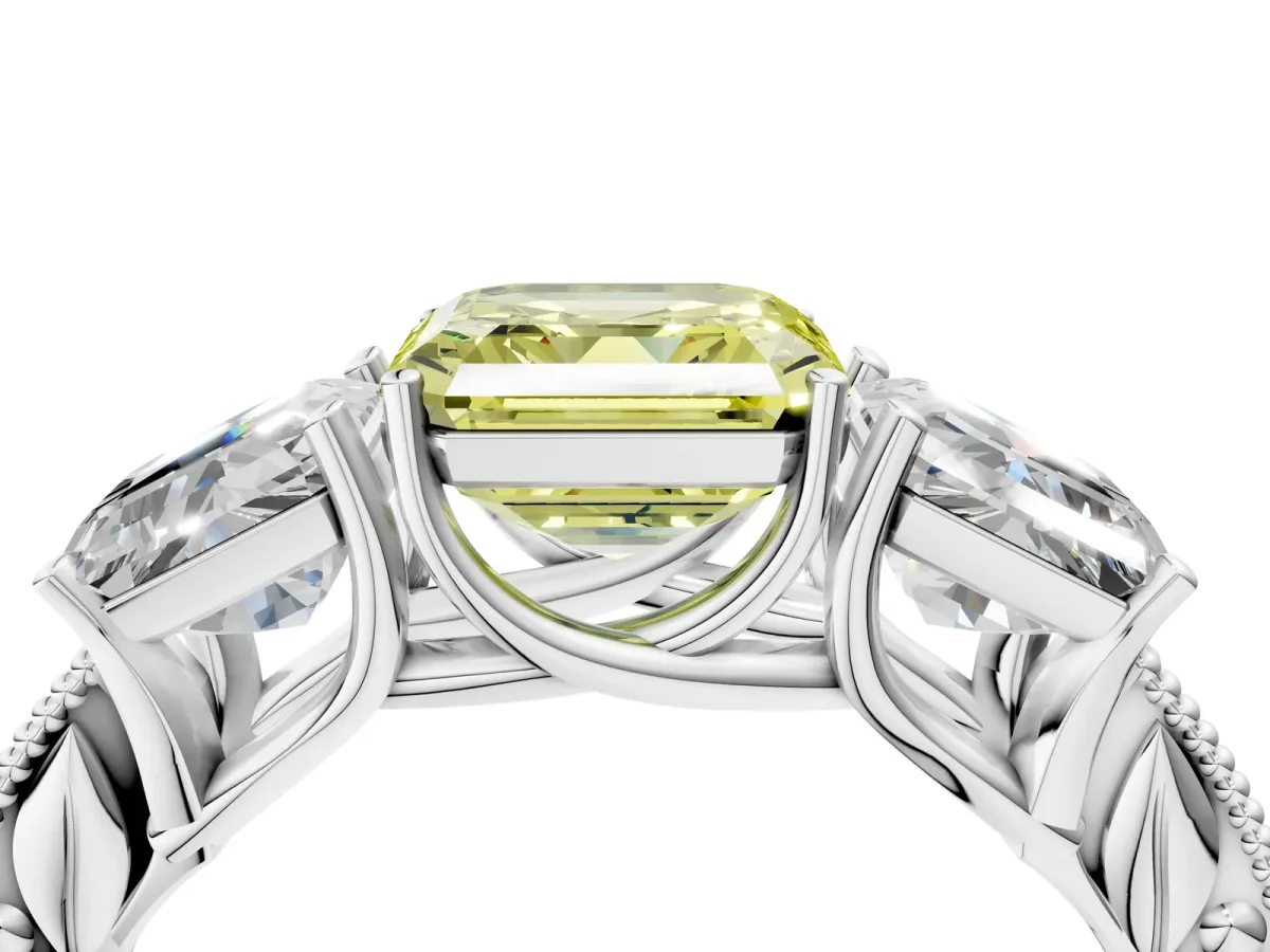 Fancy Yellow Three-Stone Asscher Cut Cut Milgrain Pavé Engagement Ring Platinum