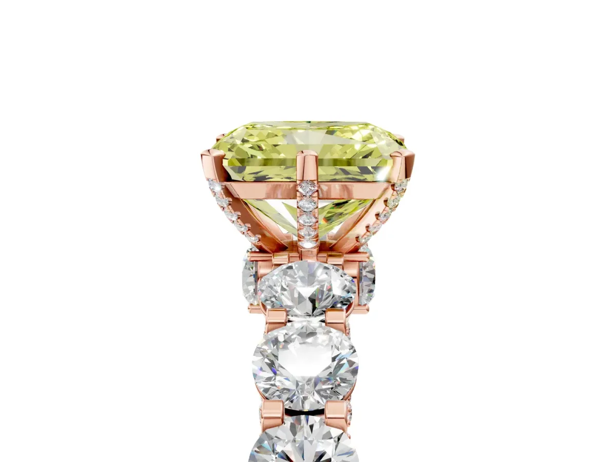 Fancy Yellow Radiant Cut Diamond Side Stone Engagement Ring with Four-Prong Setting Rose gold