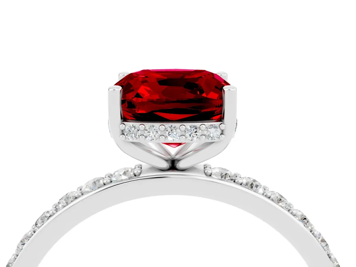 Cushion Cut Ruby Solitaire Ring with Pavé Band and Hidden Halo Silver