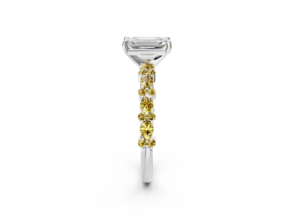 Emerald Cut Diamond Side Stone Solitaire Ring with Round Yellow Sapphire and Four-Prong Setting Platinum