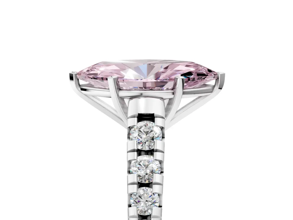 Fancy Pink Marquise Cut Diamond Cathedral Solitaire Ring with Round Pavé Band Silver