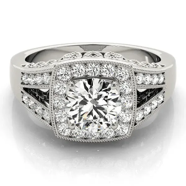Round Cut Halo Split Shank Diamond Ring with Milgrain Prong Setting Platinum
