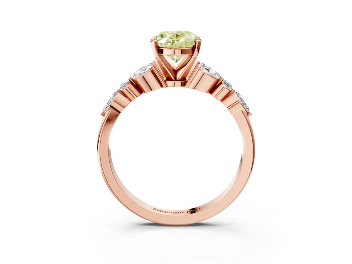 Fancy Yellow Oval Cut Diamond Solitaire Ring with Side Stones and Four-Prong Setting Rose gold
