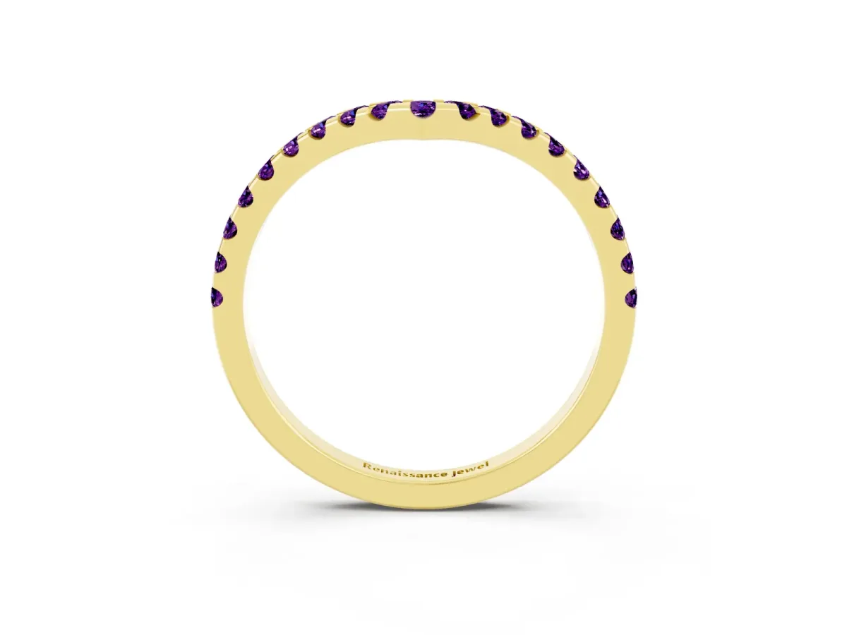 Pavé Round Amethyst Chevron Band with Shared Prong Setting Yellow gold