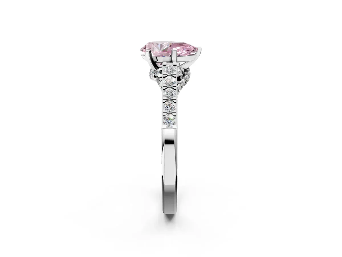 Fancy Pink Pear Cut Diamond Solitaire Ring with Crossover Gallery and Round Pavé Band Silver