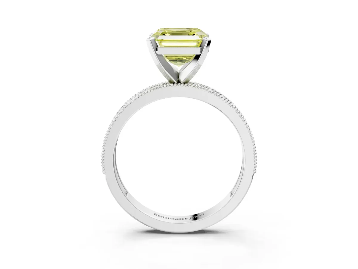 Fancy Yellow Asscher Cut Diamond Milgrain Pavé Engagement Ring with Four-Prong Setting Platinum