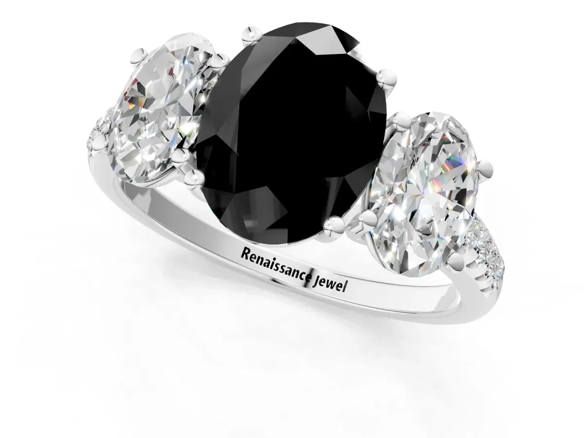 Fancy Black Three-Stone Oval Cut Diamond Ring with Round Pavé Band and Prong Setting Platinum