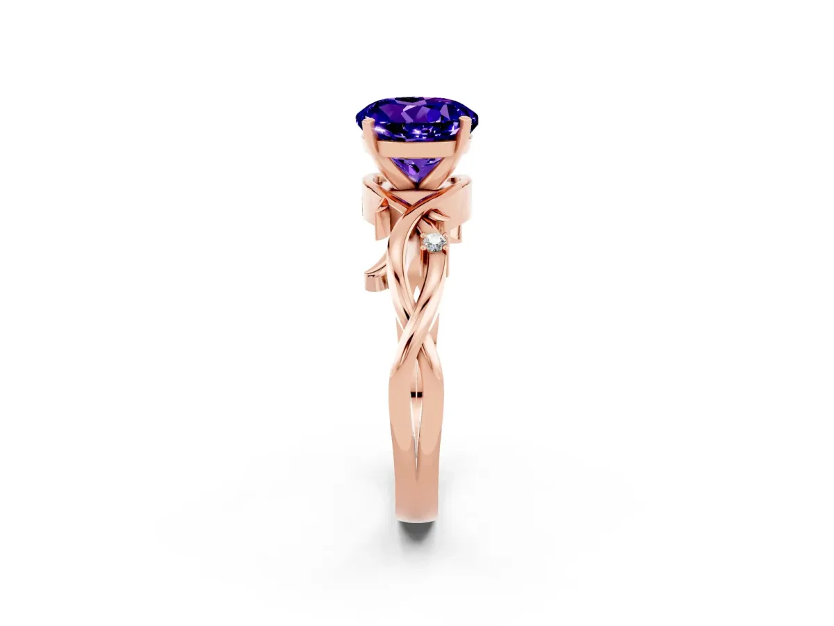 Round Cut Tanzanite Solitaire Ring with Twisted Band and Prong Setting Rose gold