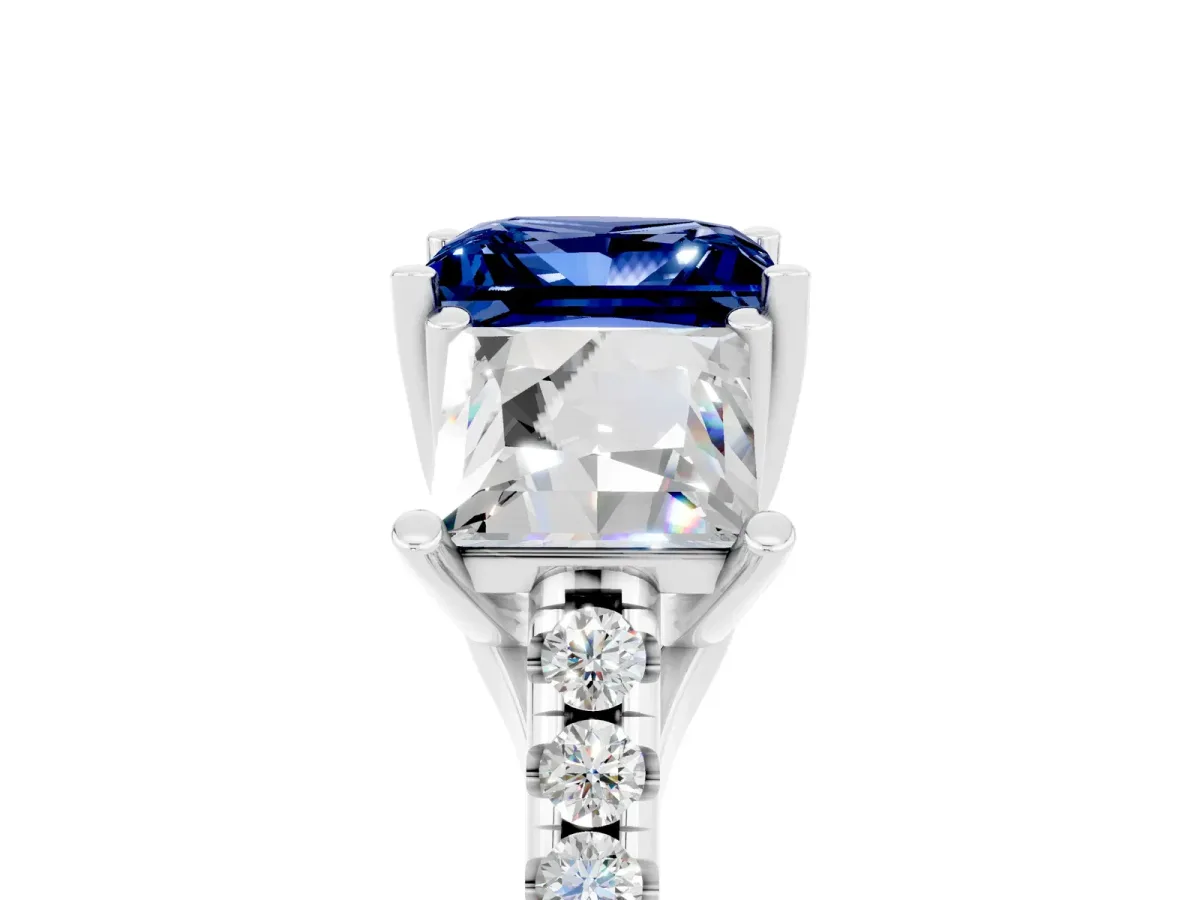 Three-Stone Princess Cut Blue Sapphire Ring with Round Pavé Band and Prong Setting Silver