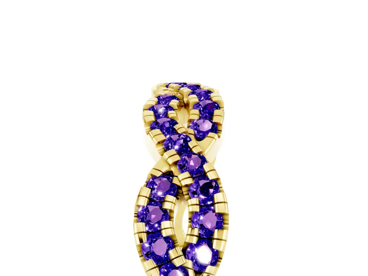 Round Tanzanite Twisted Eternity Band with Pavé and Shared Prong Setting Yellow gold