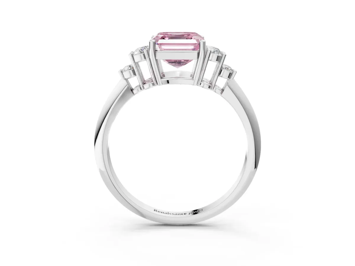 Fancy Pink Asscher Cut Cut Diamond Cluster Ring with Solitaire Band and Four-Prong Setting Platinum