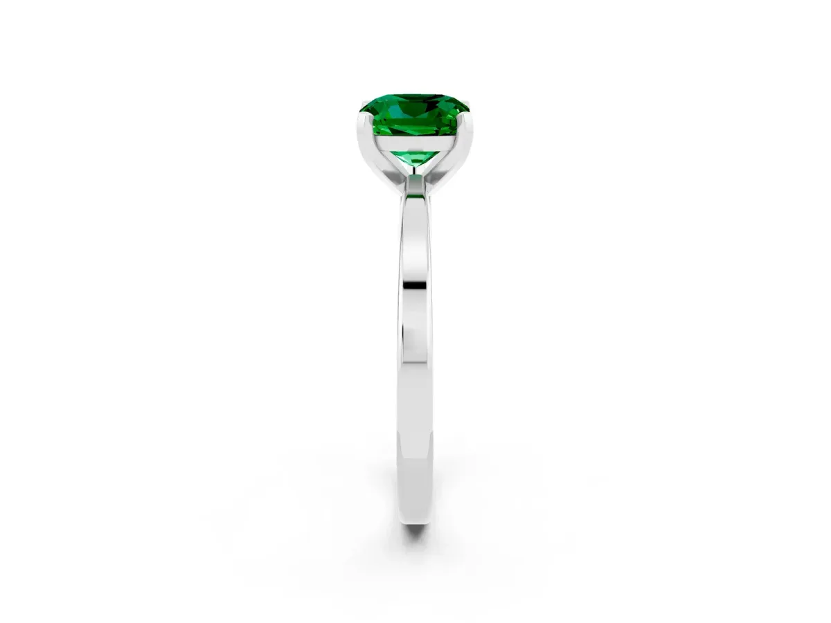 Cushion Cut Emerald Solitaire Engagement Ring with Classic Band and Four-Prong Setting Silver