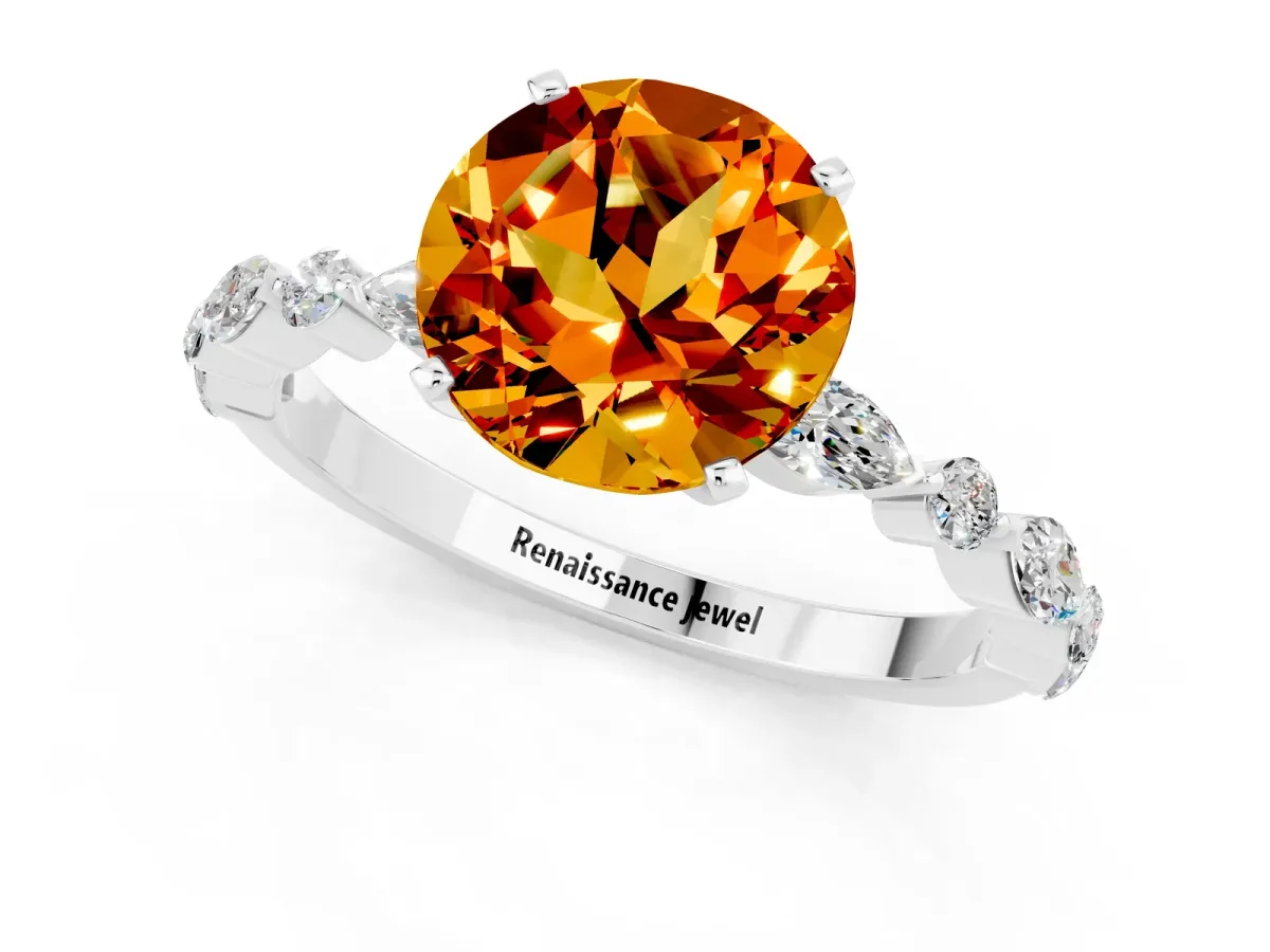 Round Cut Citrine Ring with Marquise and Round Side Stones and Four-Prong Setting Silver