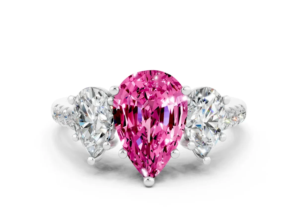 Three-Stone Pear Cut Pink Sapphire Ring with Round Pavé Band and Prong Setting Silver