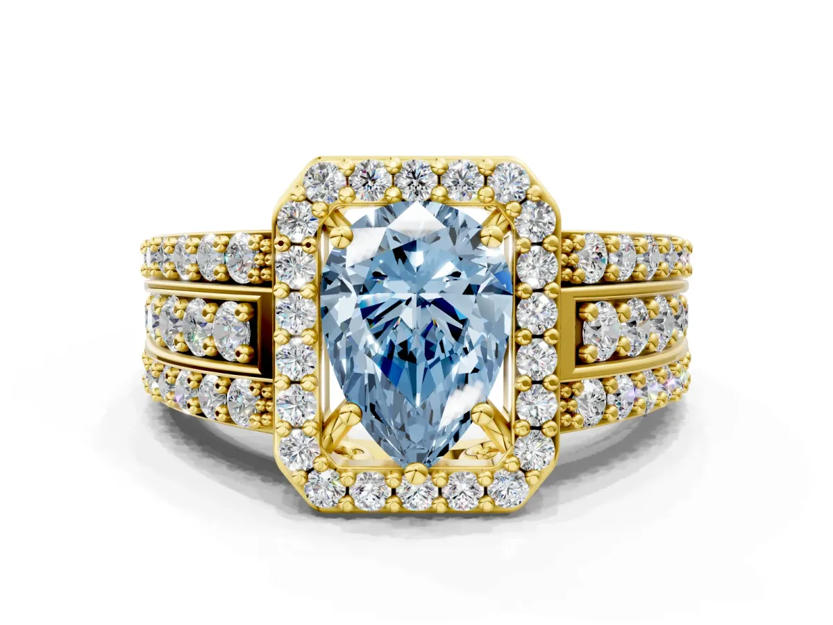 Fancy Blue Pear Cut Halo Diamond Ring with Round Split Shank and Prong Setting Yellow gold