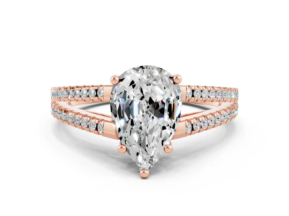 Pear Cut Moissanite Solitaire Engagement Ring with Split Shank Pavé Band Rose gold