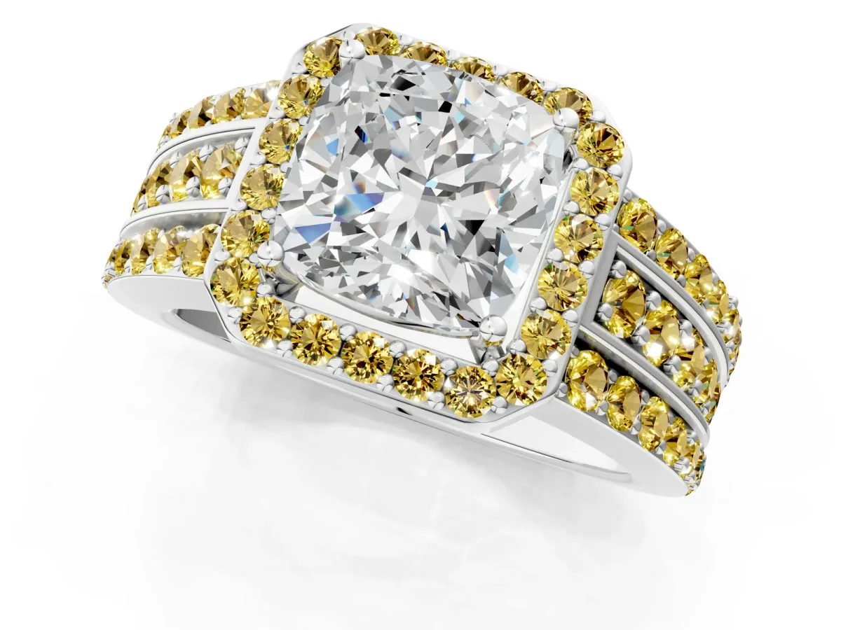 Cushion Cut Halo Diamond Ring with Round Yellow Sapphire Split Shank and Prong Setting Silver