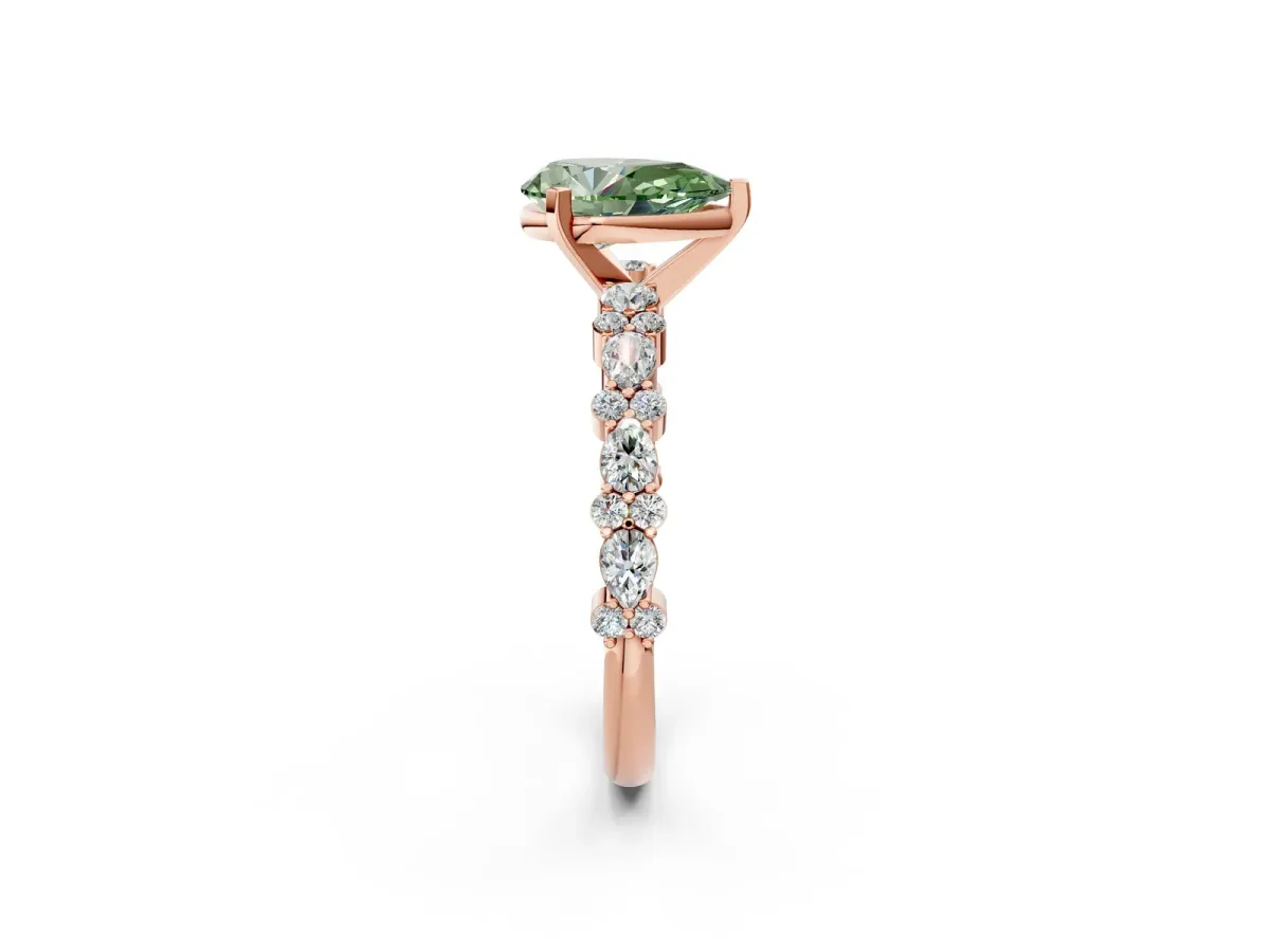 Fancy Green Pear Cut Diamond Side Stone Solitaire Ring with Round and Four-Prong Setting Rose gold