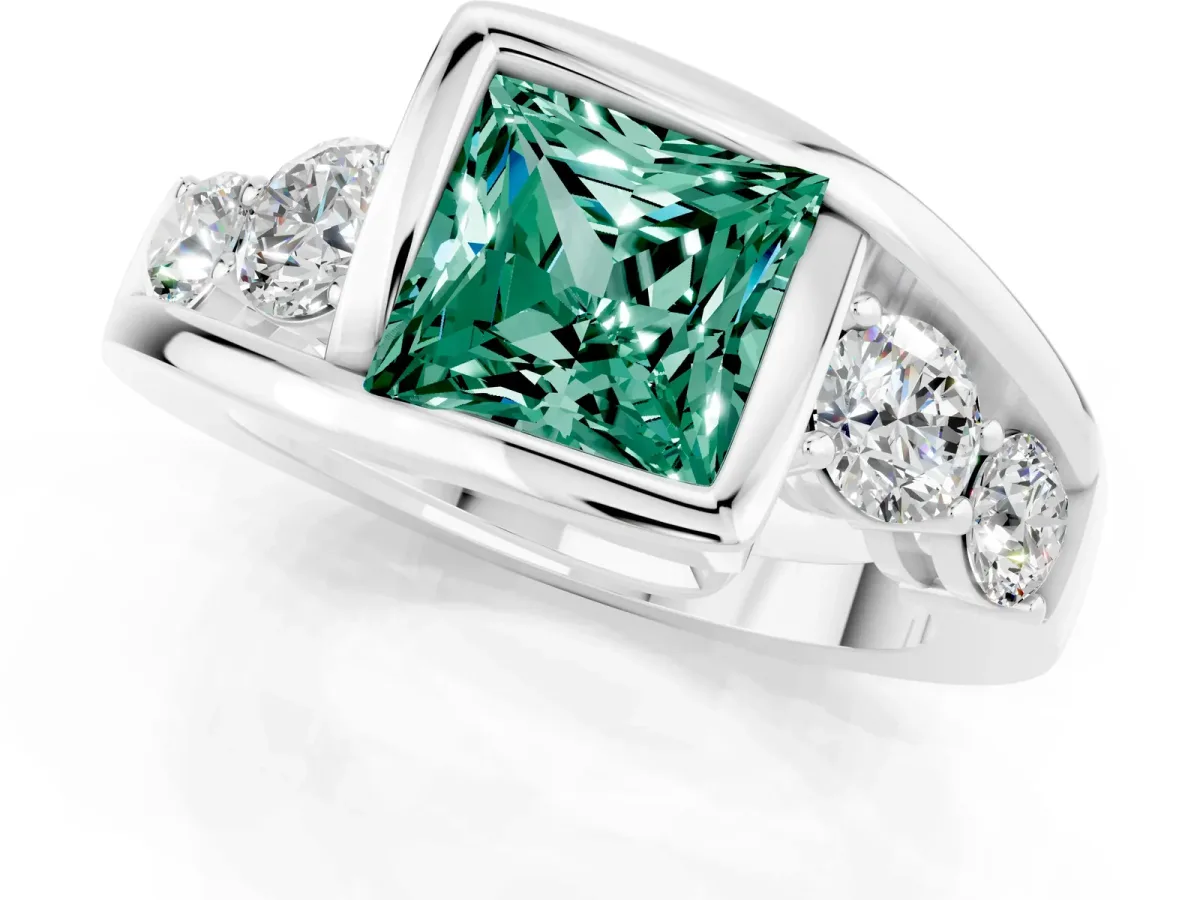 Bezel Set Princess Cut Green Sapphire Bypass Ring with Round Accents Silver