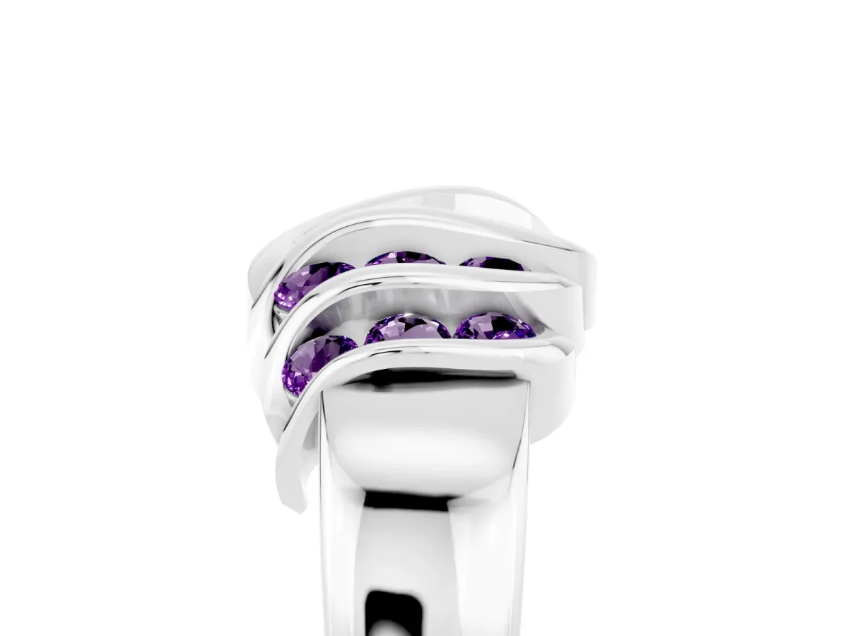 Round Amethyst Multi-Row Crossover Band White gold