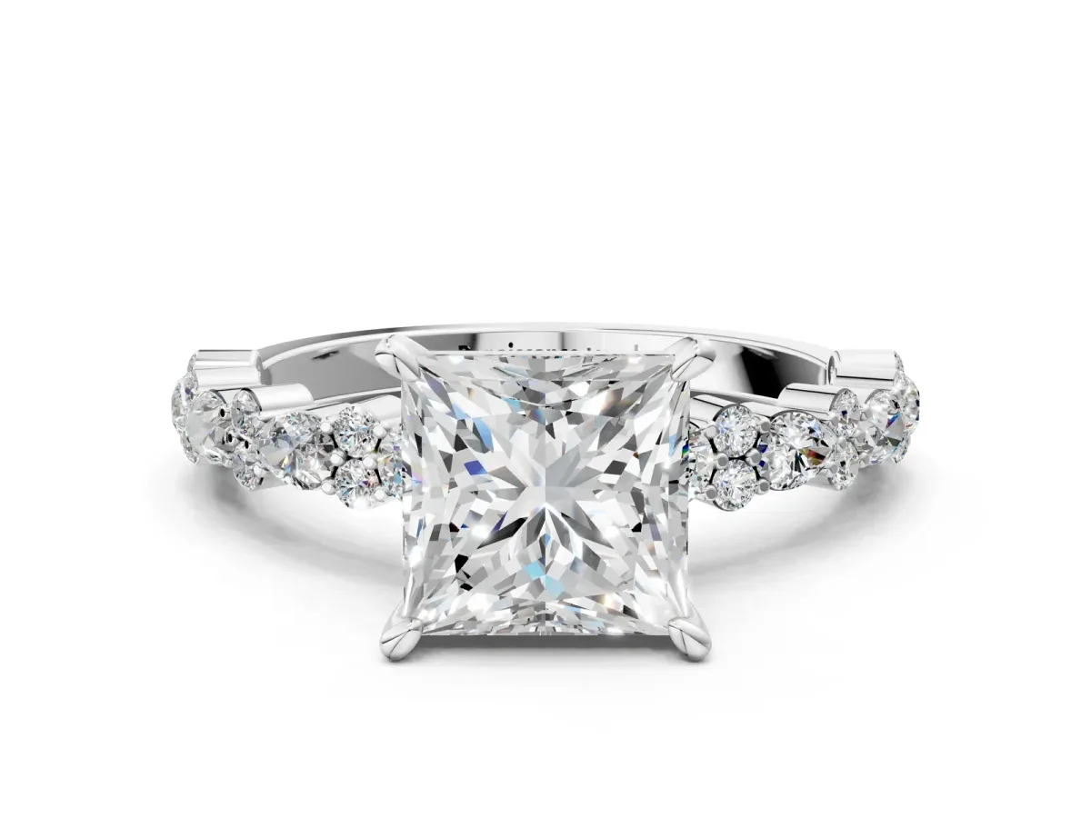 Princess Cut Diamond Side Stone Solitaire Ring with Round and Four-Prong Setting Platinum