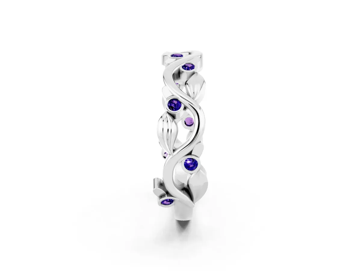 Round Tanzanite Leaf Eternity Band with Bezel Setting White gold