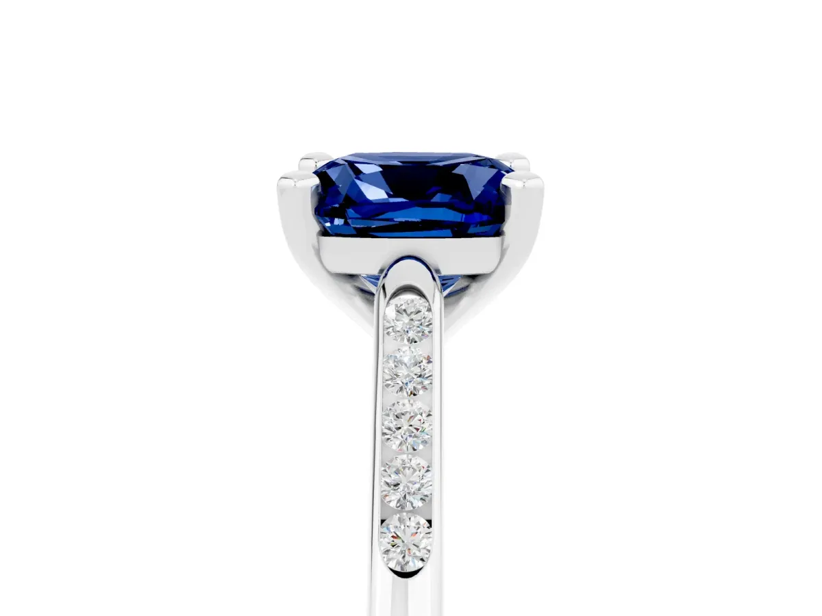 Cushion Cut Blue Sapphire Solitaire Ring with Channel Set Round Band and Prong Setting Silver
