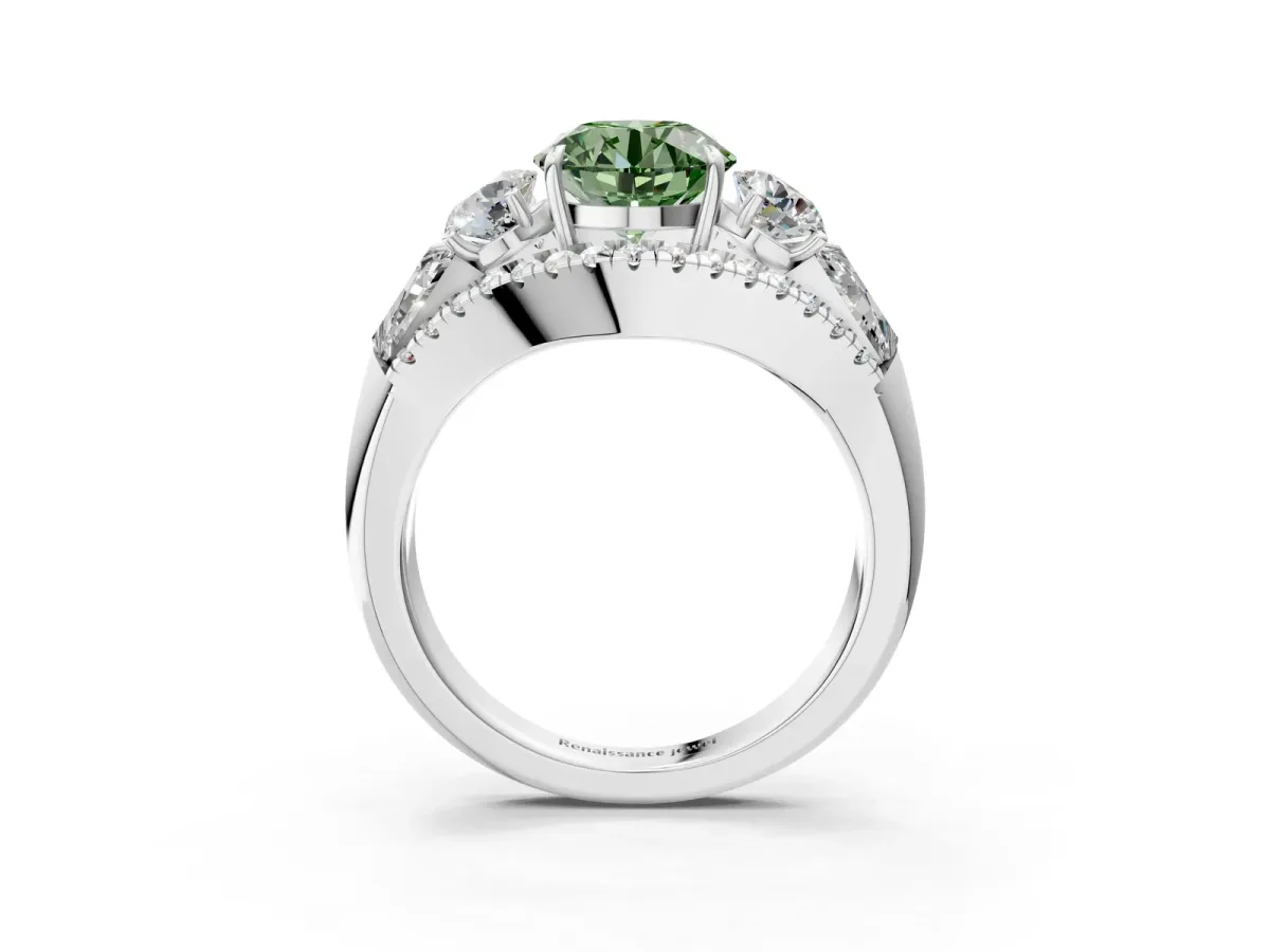 Fancy Green Three-Stone Round Cut Diamond Engagement Ring with Pave Band and Prong Setting Platinum