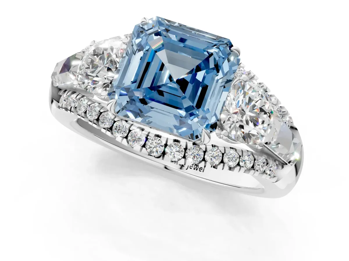 Fancy Blue Three-Stone Asscher Cut Diamond Engagement Ring with Pave Band and Prong Setting Platinum