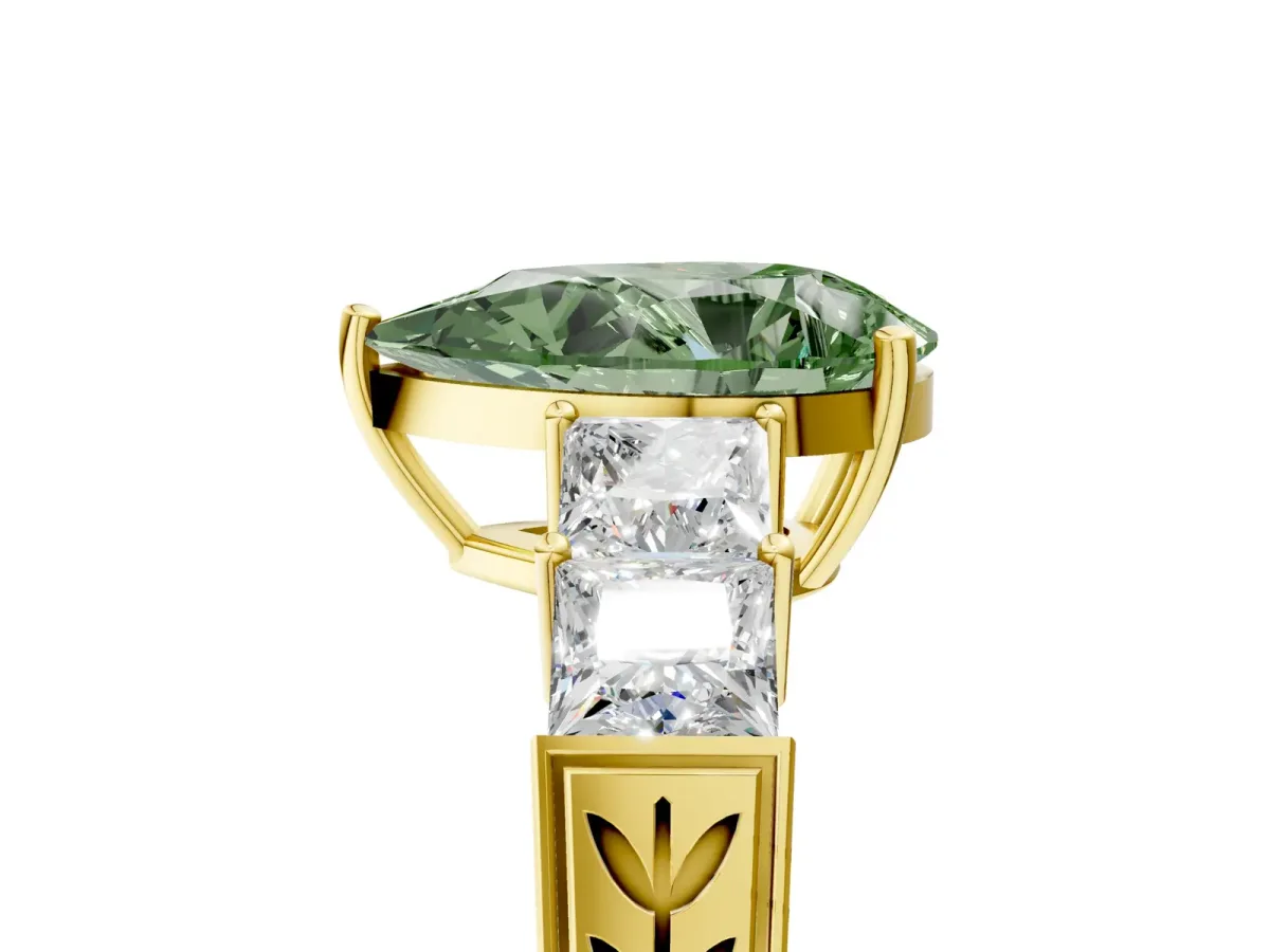 Fancy Green Pear Cut Solitaire Princess Side Stone Engraved Band Prong Setting Ring Yellow gold