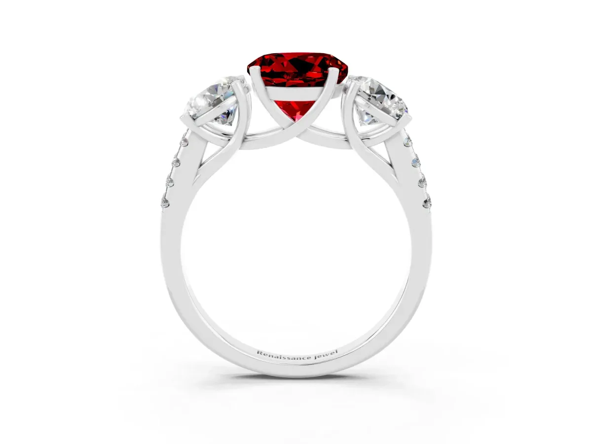 Three-Stone Round Cut Ruby Ring with Round Pavé Band and Prong Setting Platinum
