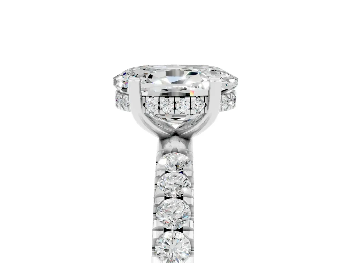 Oval Cut Moissanite Pave Band Solitaire Ring with Round and Prong Setting Silver