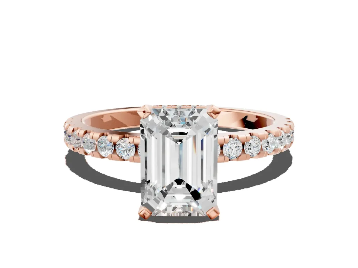 Emerald Cut Diamond Solitaire Ring with Round Pavé Band and Four-Prong Setting Rose gold