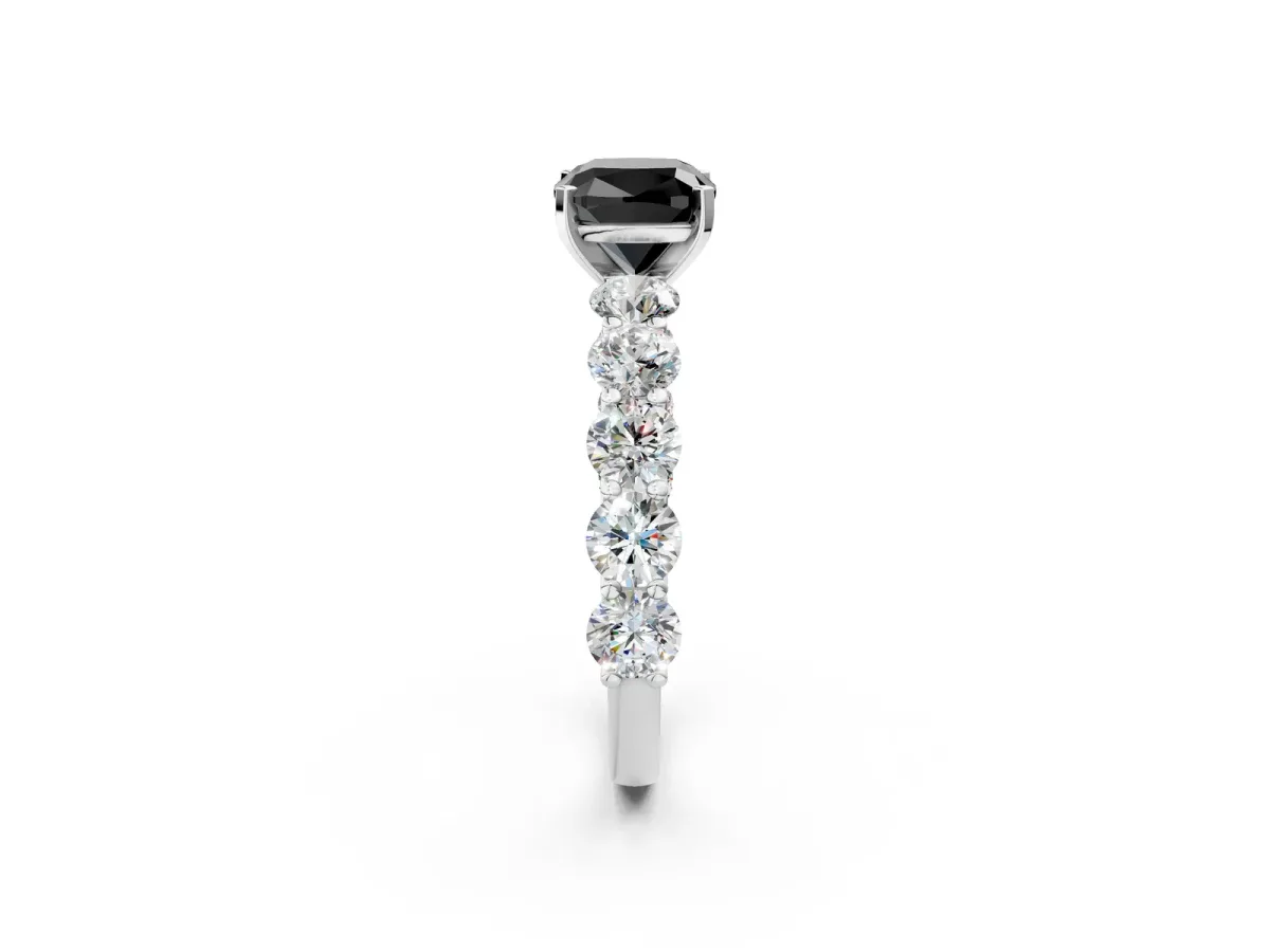 Fancy Black Cushion Cut Diamond Prong Setting with Side Stones on a Pave Band Silver