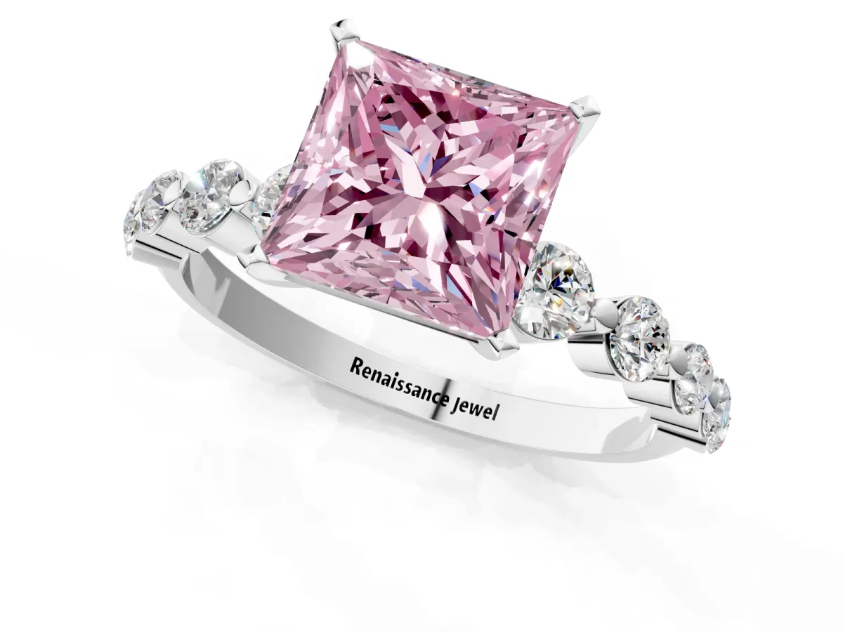 Fancy Pink Princess Cut Solitaire Diamond Ring with Pave Band and Four-Prong Setting Silver