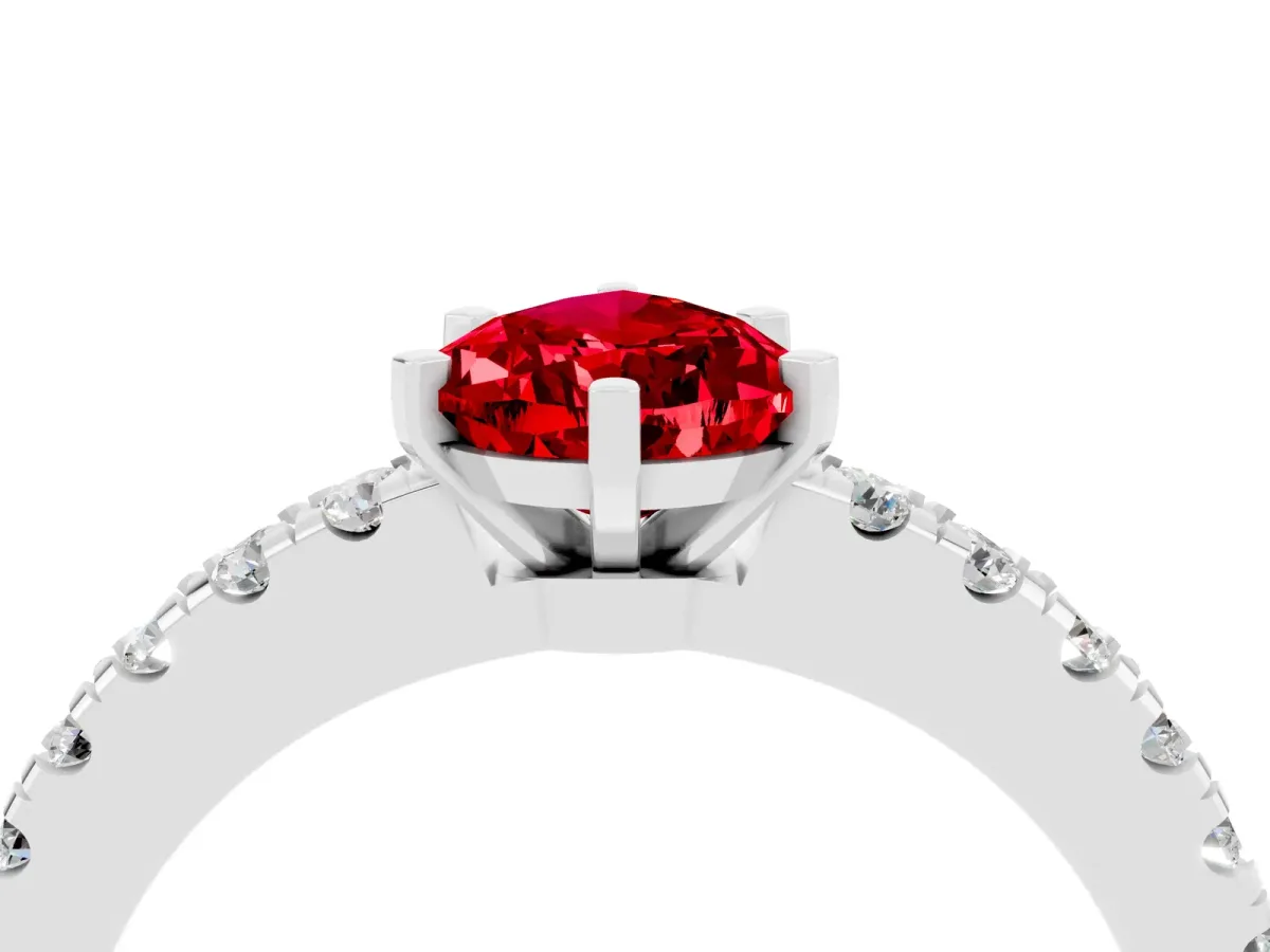 Pear Cut Solitaire Ruby with Pavé Band and Four-Prong Setting White gold