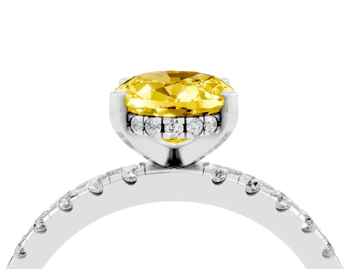 Oval Cut Yellow Sapphire Solitaire Ring with Round Pavé Band and Four-Prong Setting Silver