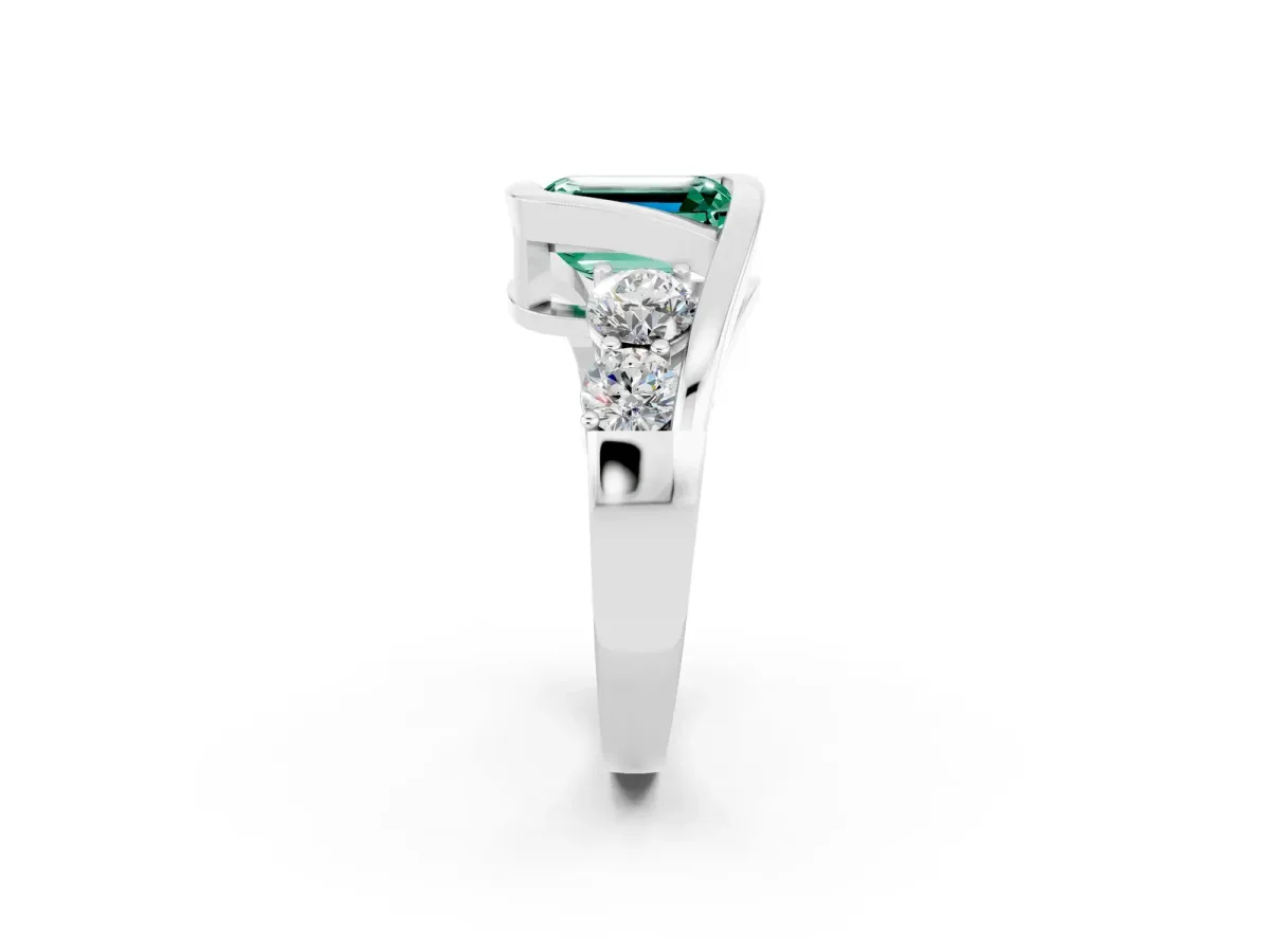 Bezel Set Emerald Cut Green Sapphire Bypass Ring with Round Accents Silver