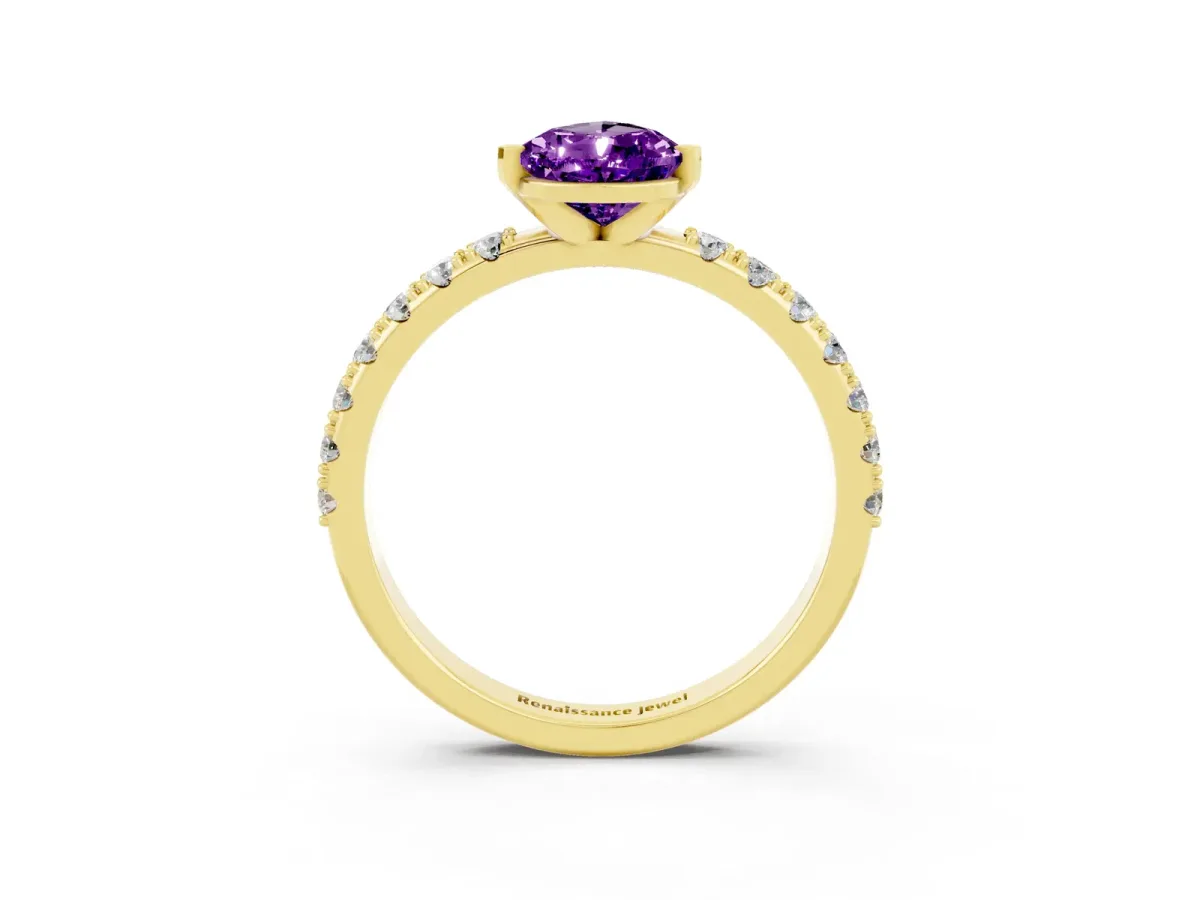 Pear Cut Amethyst Solitaire Pavé Band with Four-Prong Setting Yellow gold
