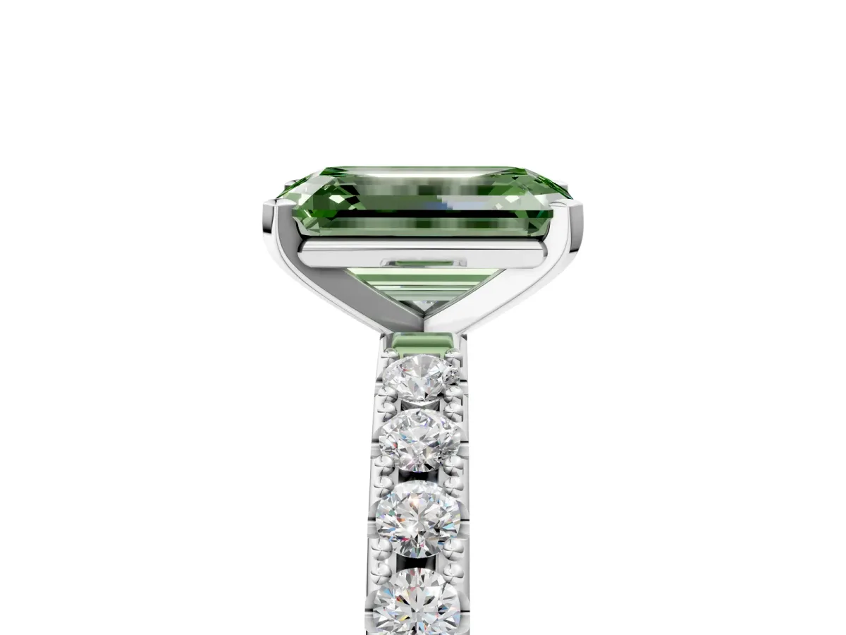 Fancy Green Emerald Cut Diamond Solitaire Pavé Band with Four-Prong Setting Platinum