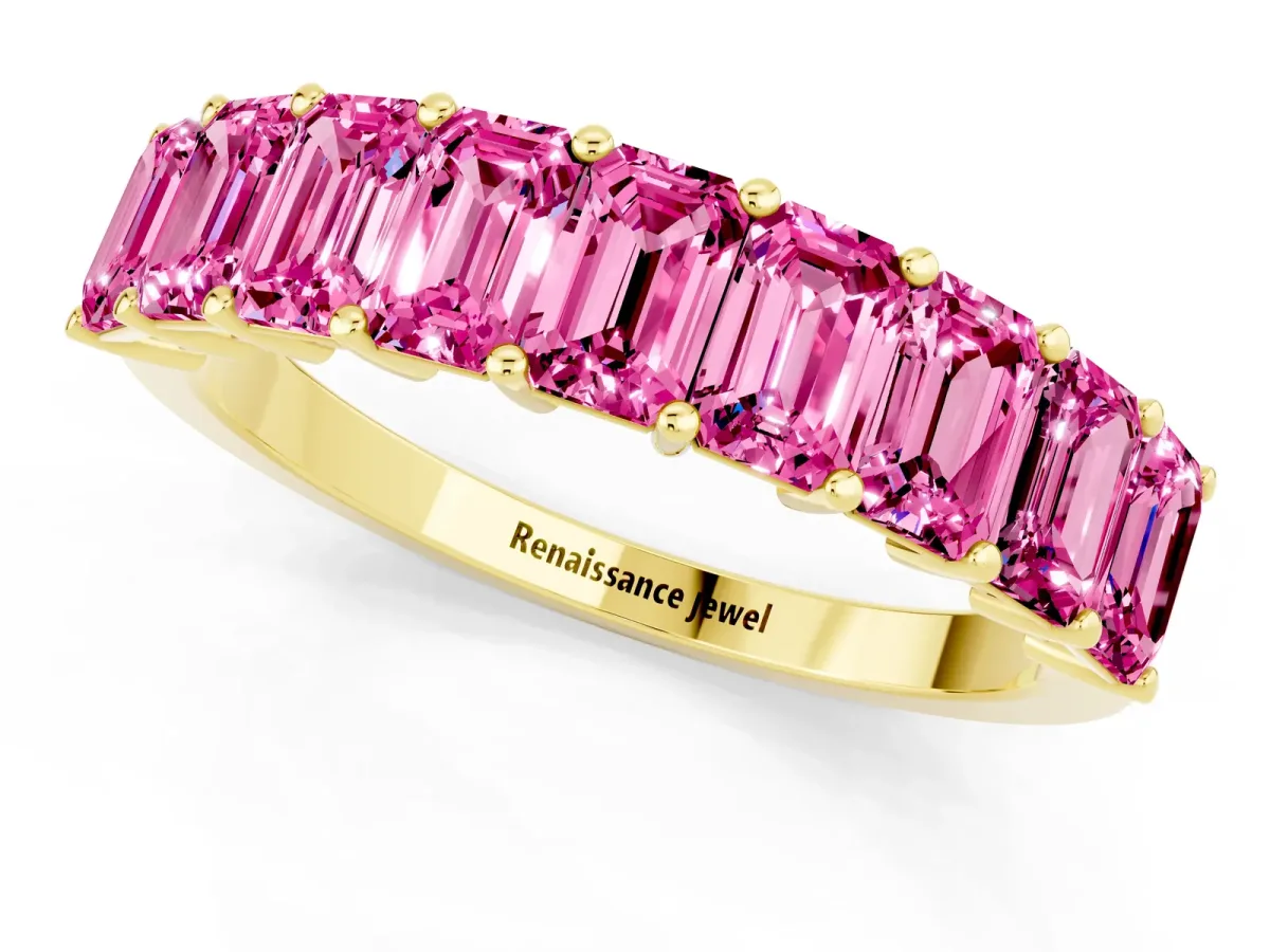 Emerald Cut Pink Sapphire Prong-Set Eternity Band Yellow gold