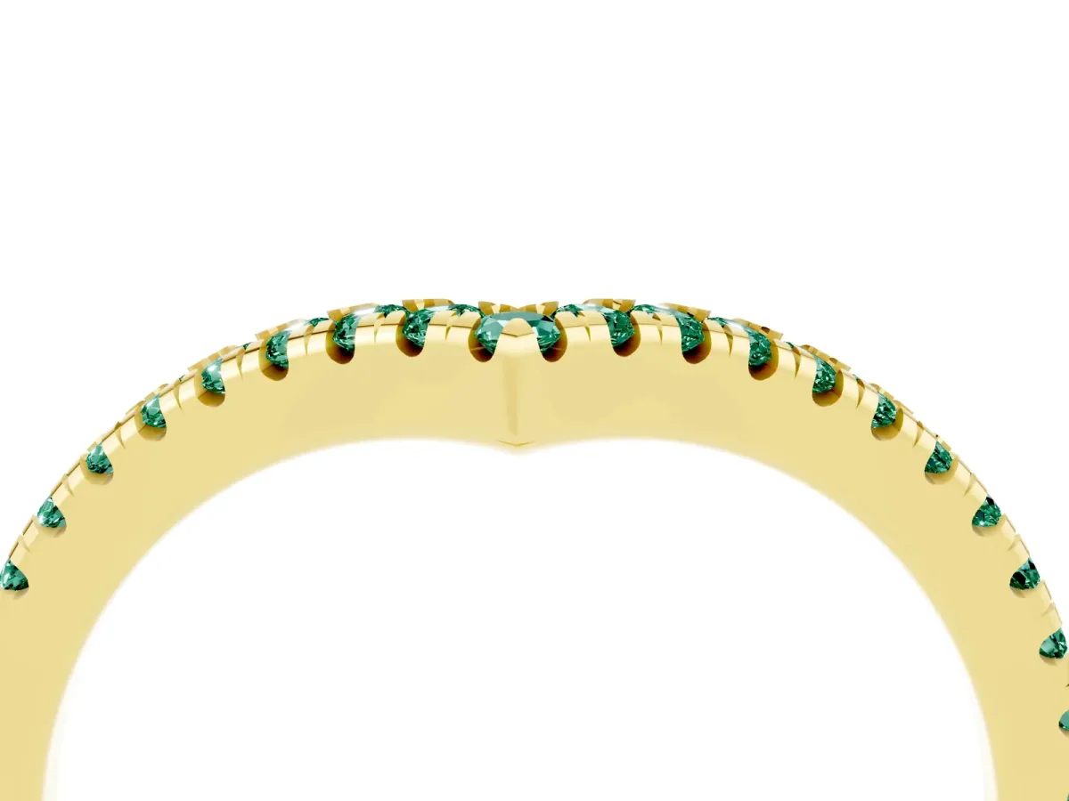Pavé Round Green Sapphire V-Shaped Chevron Band with Shared Prong Setting Yellow gold