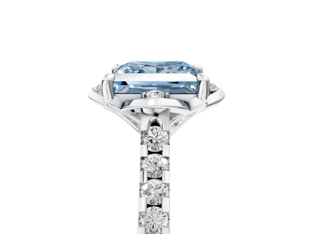 Fancy Blue Princess Cut Diamond Ring with Pavé Band and Floral Prong Setting Silver