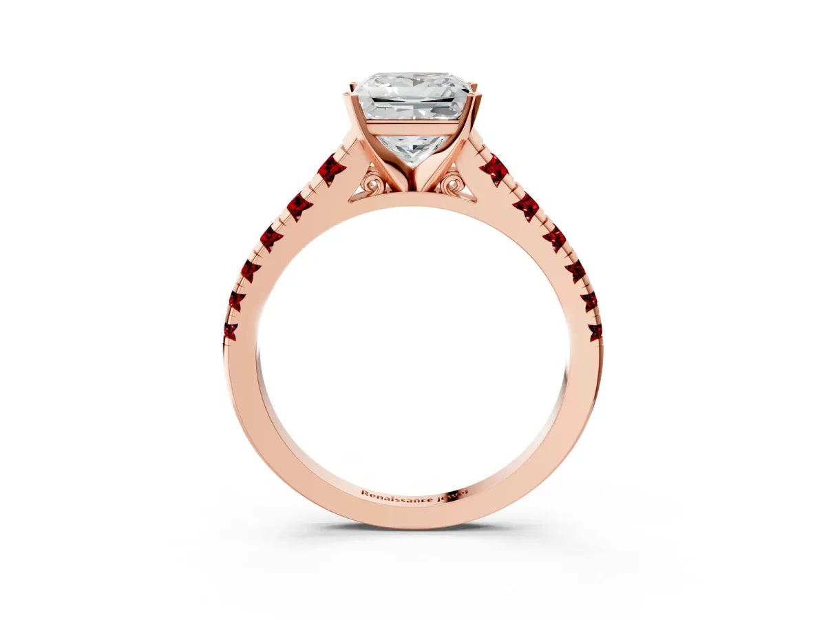 Princess Cut Diamond Cathedral Solitaire Ring with Round Ruby Pavé Band Rose gold